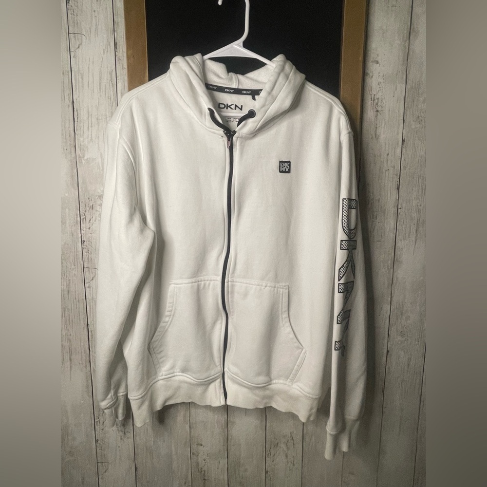 DKNY M/L Women's White/Black Hoodie Zip with Stitched Logo Arm